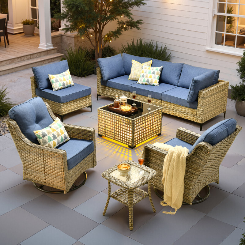 Emroy 6 - Person Reversible Modular Outdoor Conversation Set,Wicker Patio Seating Group with Lighted Coffee Table, All Weather Swivel Chair Set with Cushions