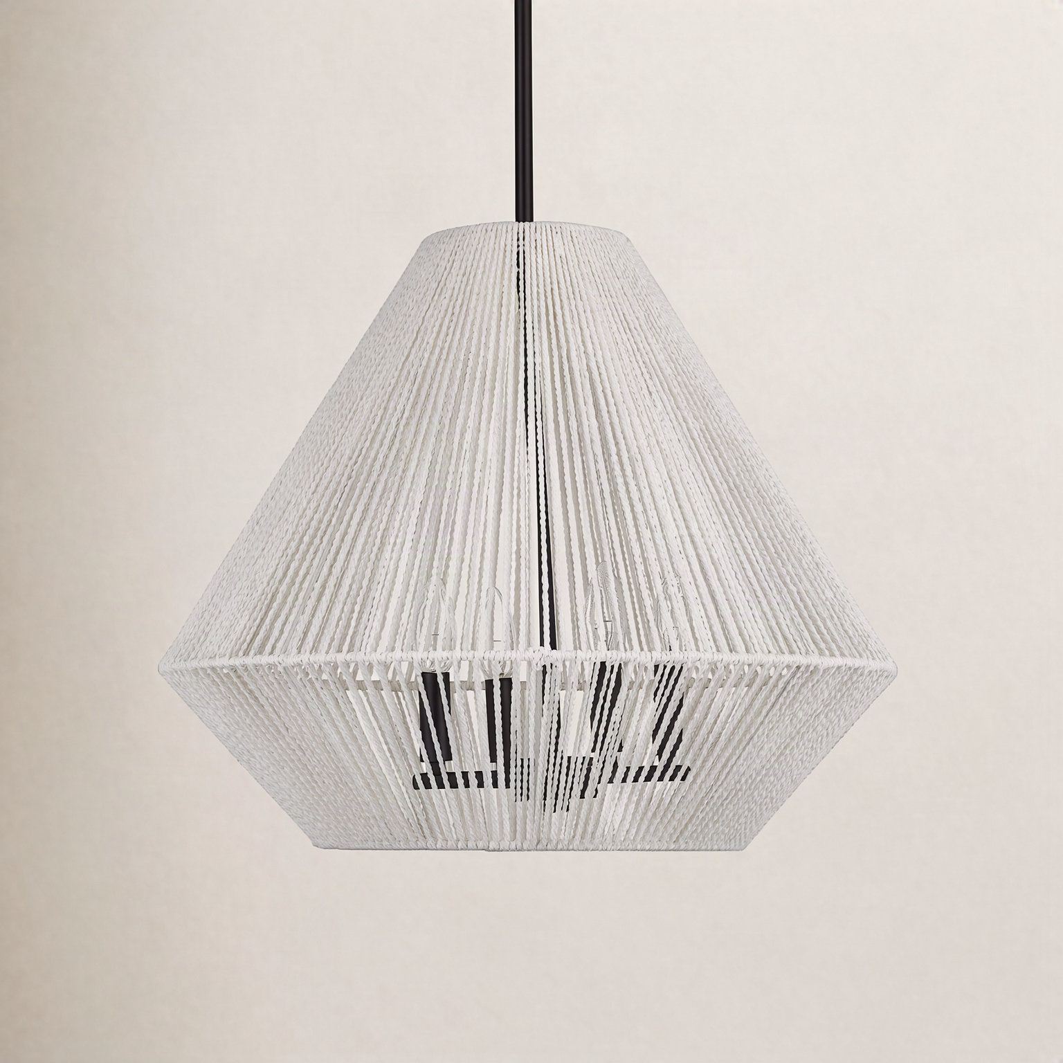 Simon 4 Light Cotton Steel Dimmable Pendant, Bleached White Raphia Rope