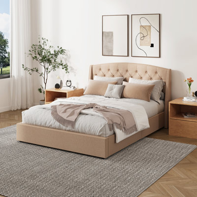 Lift Up Storage Upholstered Platform Bed With Wingback Headboard