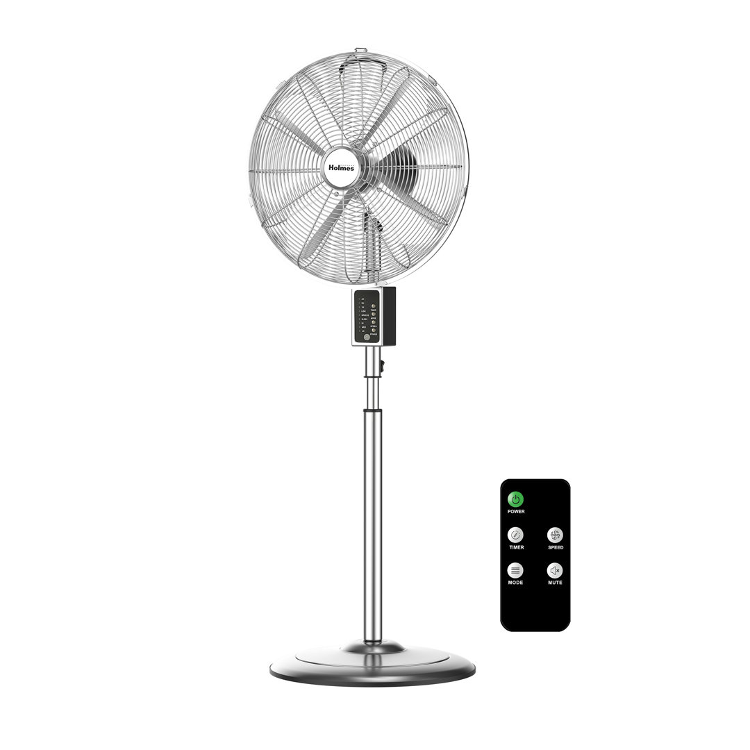 16" Oscillating Digital Chrome Metal Stand Fan, 3 Speeds, Remote Control Holmes