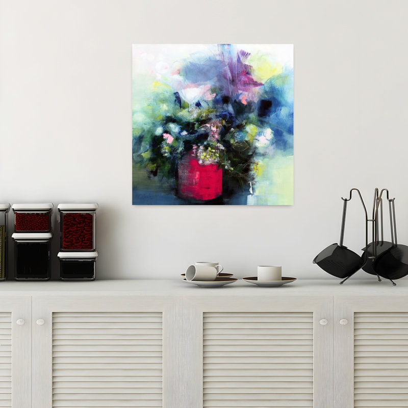 Fleurs dans un pot rose, art abstrait contemporain, H 18 po x l 18 po