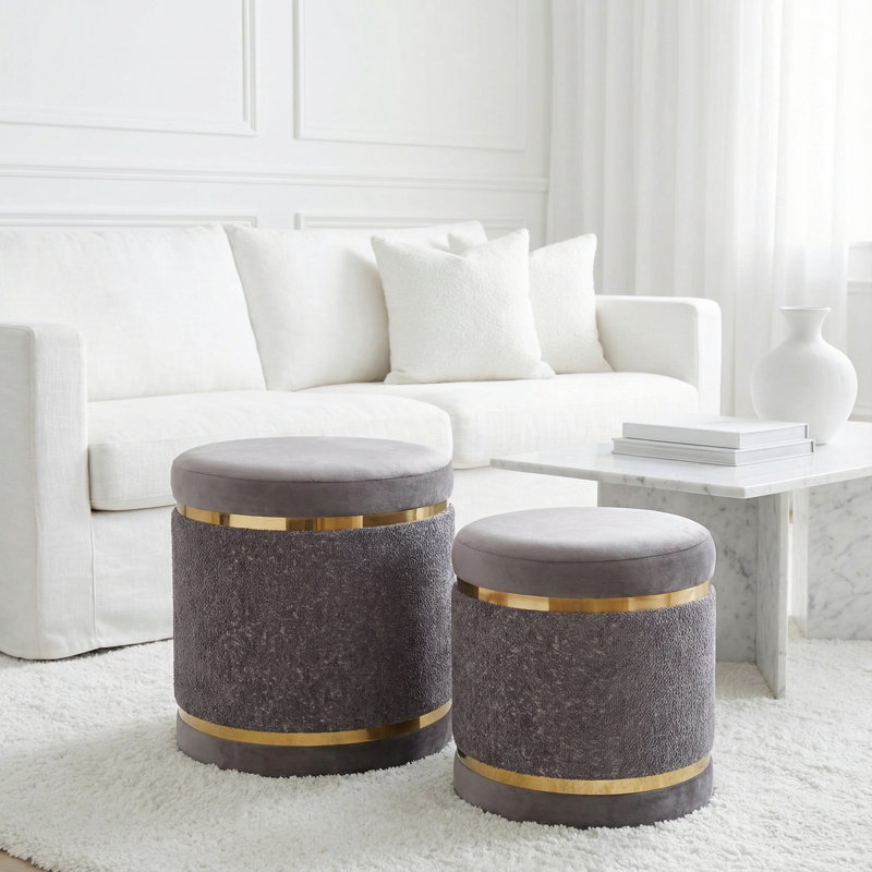 Gugna Nesting Ottomans – Set of 2 Round Gray Fabric Footstools with Gold Bands, 18" and 15"