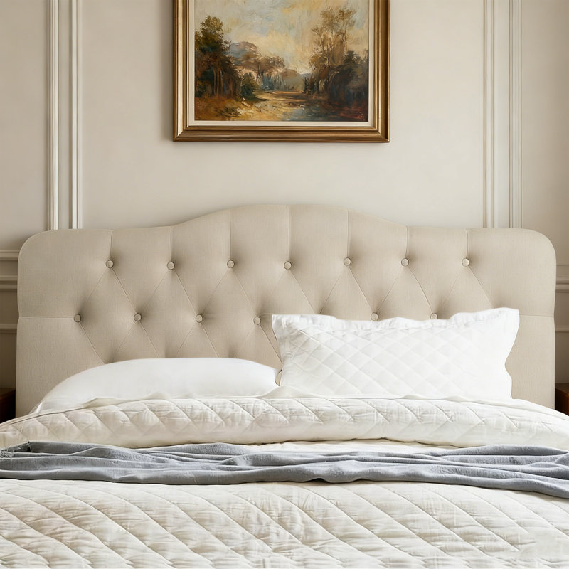 Linen Upholstered Headboard-Modern-Adjustable Height-Button Tufting, Beige, Queen