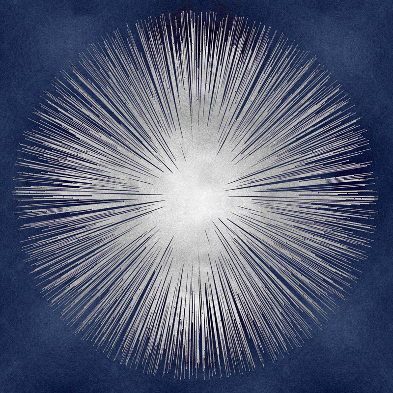 " Silver Sunburst On Blue I ", 12" H x 12" W, Picture Framed Canvas, Walnut
