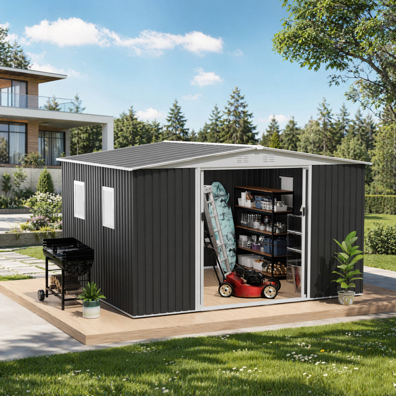 Remise de jardin 12 x 10 pi en métal avec porte coulissante et 4 fenêtres avec toit Apex