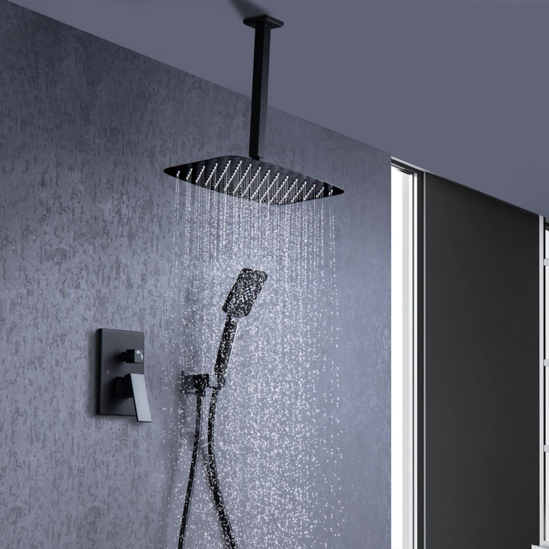Système de douche de baignoire complet à pression équilibrée noir mat avec valve brute, Noir
