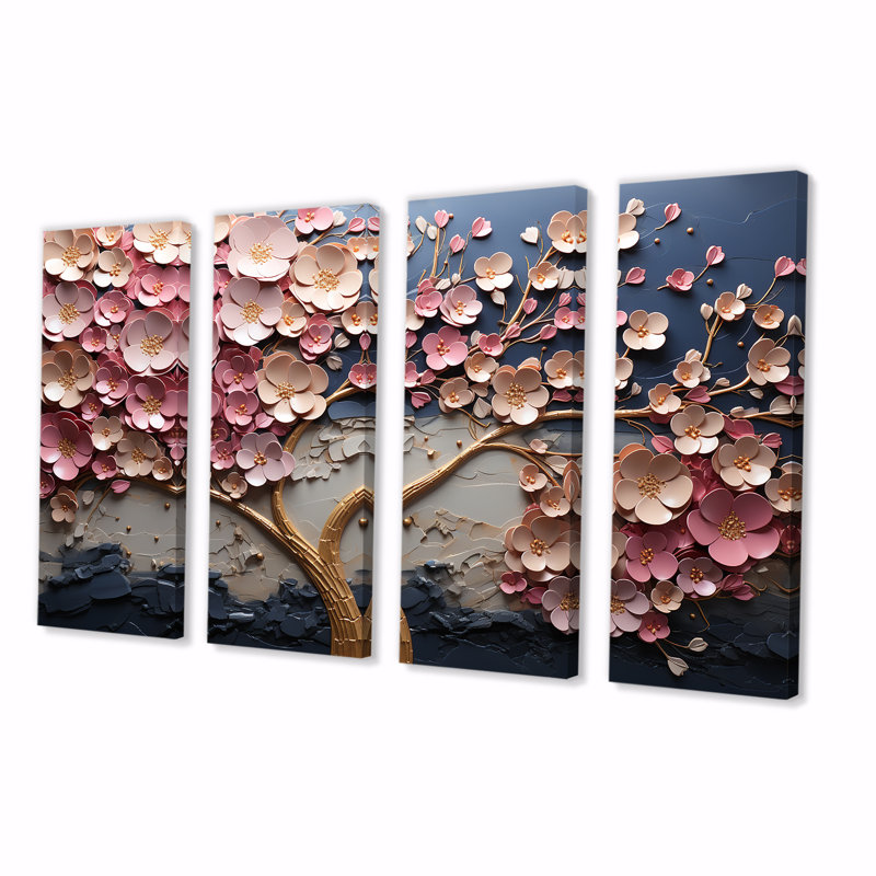 Rose et fleur de jardin doré - Fleurs, art mural 4 pièces pour le salon, H 28 po x l 48 po
