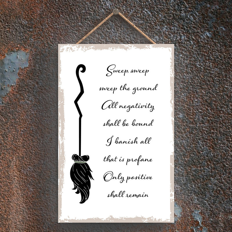 Witch Sweep Sweep Wooden Plaque, White, 18.5cm H x 12cm W x 0.9cm D