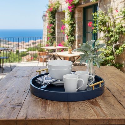 Navy Blue And Gold Round Tray, Modern Decorative Tray, Suitable For Both Storage And Display.