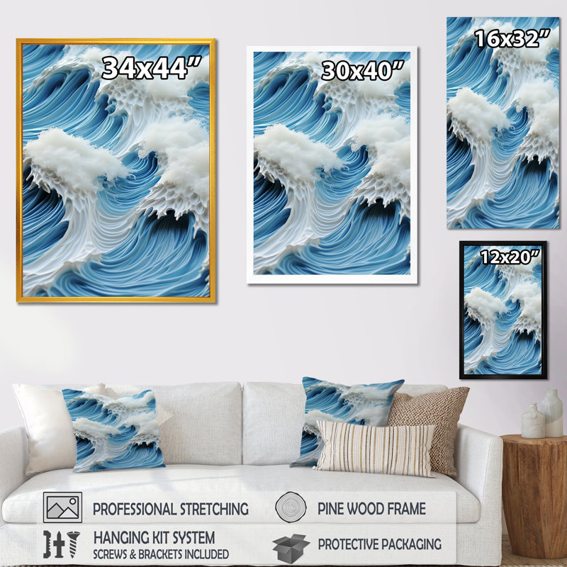Collage de vagues blanches et bleues - art mural vagues côtières, Cadre doré simple, H 40 po x l 30 po x P 1,5 po
