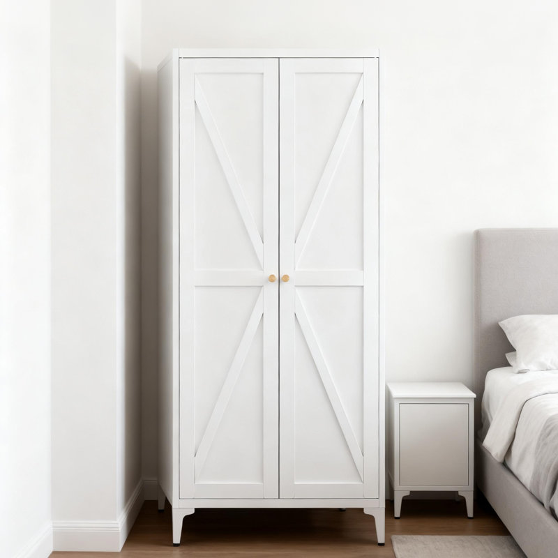 Armoire de cuisine autoportante avec tablettes réglables, armoire de rangement blanche avec poignées dorées