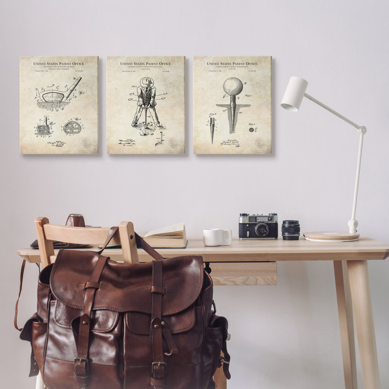 Ensemble de jeu de plaque murale surdimensionné à motif de tête de golf et de té de golf rétro par Karl Hronek, Toile tendue