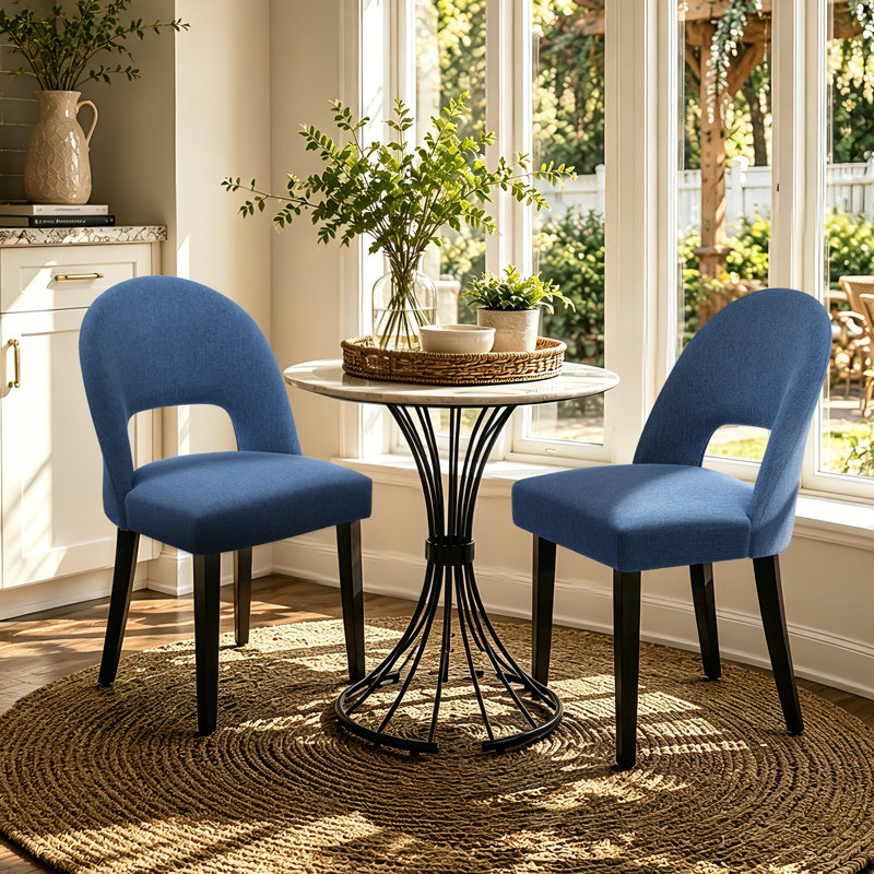 Linen Upholstered Dining Chairs with Curved High Back and Solid Wood Legs, Blue, Black