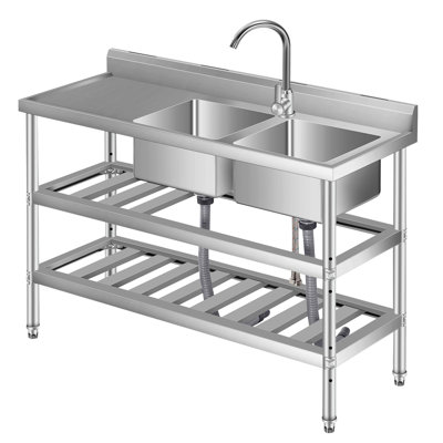 Évier utilitaire 47 pouces en acier inoxydable avec établi, double cuve autoportante avec robinet d'eau chaude et froide