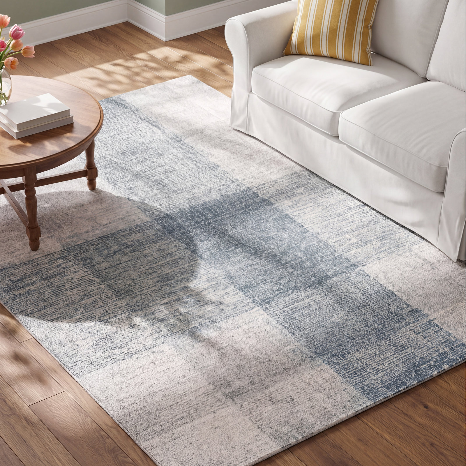 Gray Blue Hand-Tufted Geometric Wool Rug, Rectangle 5' x 8'