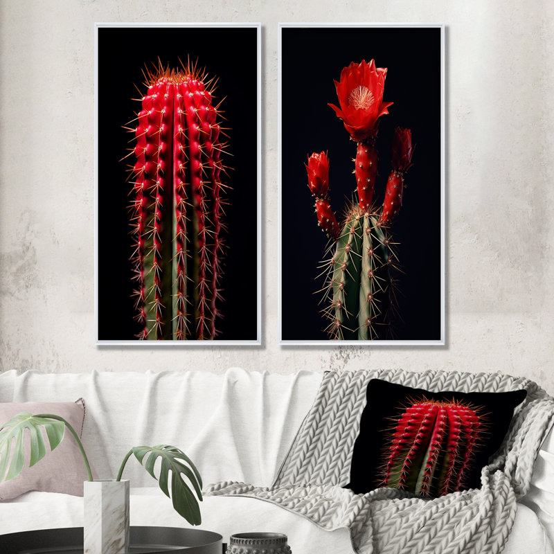 Cactus rouge et noir marron monolithe - ensemble de 2 reproductions d'art mural cactus, Cadre flottant blanc