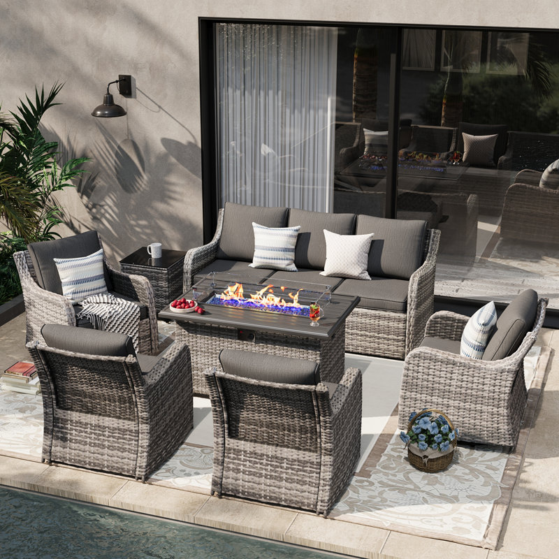  7 Pieces Patio Furniture Set With 43" Fire Pit Table, Wicker Patio Conversation Set With Swivel Rocking Chairs, Outdoor Patio Set For Lawn Backyard Porch (Brown)