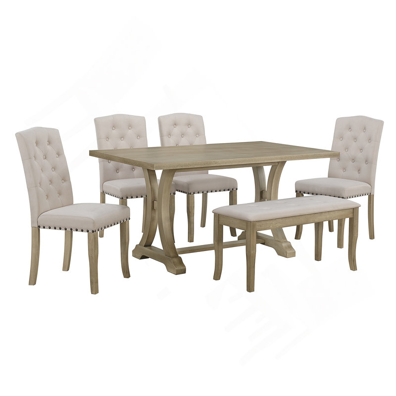 Dining Table Set with a Rectangular Trestle Table and Upholstered Chairs Bench, Brown/Natural Wood Wash