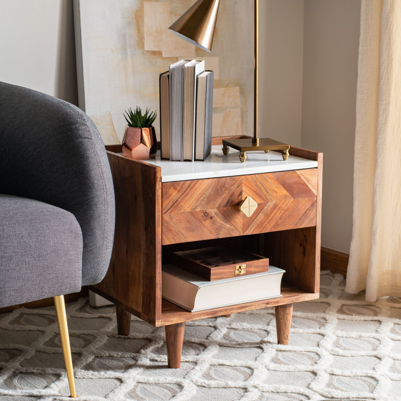 Kerstetter 19'' W Nightstand – Stylish Wood Nightstand with Gold-Finish Hardware & Marble Top Design, Walnut