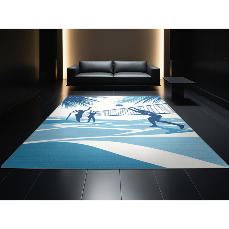Machine Washable Aust Beach Volleyball Scene Beachy Rug in Beige – BabyBlue Binding, 2x5