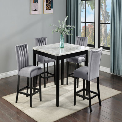 Transitional Counter-Height Dining Table Square Faux White Marble Top Black Wooden Base