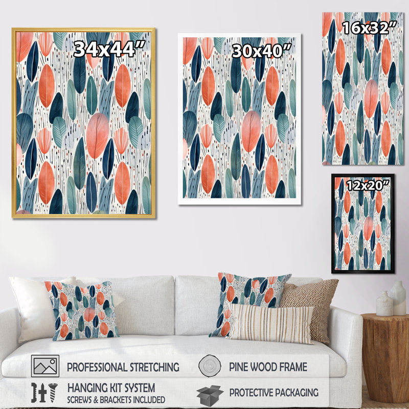 Corail bleu sarcelle scandinave fleurs II - art mural abstrait pour le salon, Toile tendue, H 44 po x l 34 po x P 1,5 po