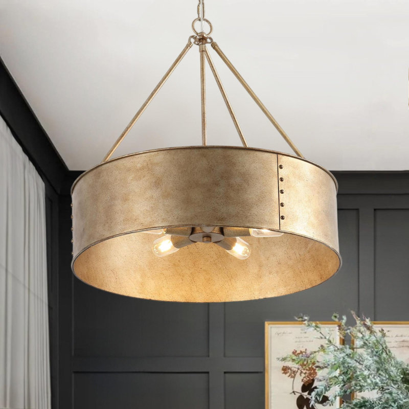 24" 5-light Distressed Metal Drum Chandelier, Gold