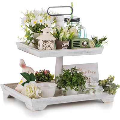 Tiered Tray For Table Decor， Of July 2 Tier Decorative Tray Stand For Coffee Bar， Large Farmhouse White Display Stands For Holiday， Wood For Kitchen Counter