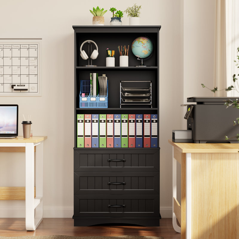 67.9'' H x 23.6'' W Standard Bookcase with 3 Drawers, Black