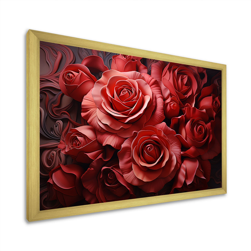 «Red Classic Rose Resson II - Roses», art mural, Cadre doré à coins fermés, H 12 po x l 20 po x P 1 po