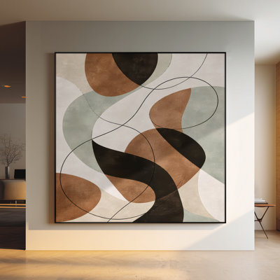 Très grande reproduction d'art sur tissu - Formes géométriques aux tons de terre avec accents linéaires, décoration murale contemporaine pour le salon - «Assemblage requis du cadre (cadre non fini)»