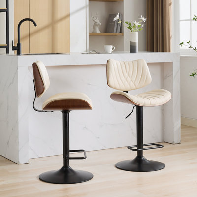 Tabourets de bar en noyer cintré de style Mid-Century à hauteur de comptoir réglable en cuir noir, pivotant à 360 °, pour îlot de cuisine / salle à manger / café, 1 chaise / 1 carton, beige