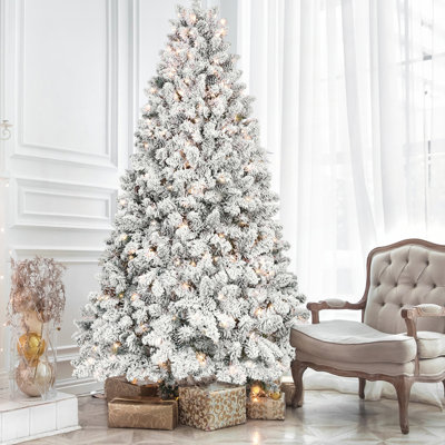 8FT Snowy Flocked Christmas Tree with 700 UL Lights and 54 Natural Pine Cones, Hinged Structure, Stable Metal Stand, Easy Setup