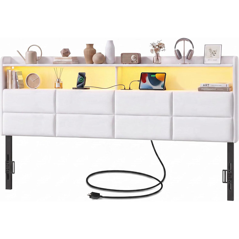 Tête de lit King Size seulement avec rangement à 2 niveaux et station de recharge, blanche, Velours blanc très grand