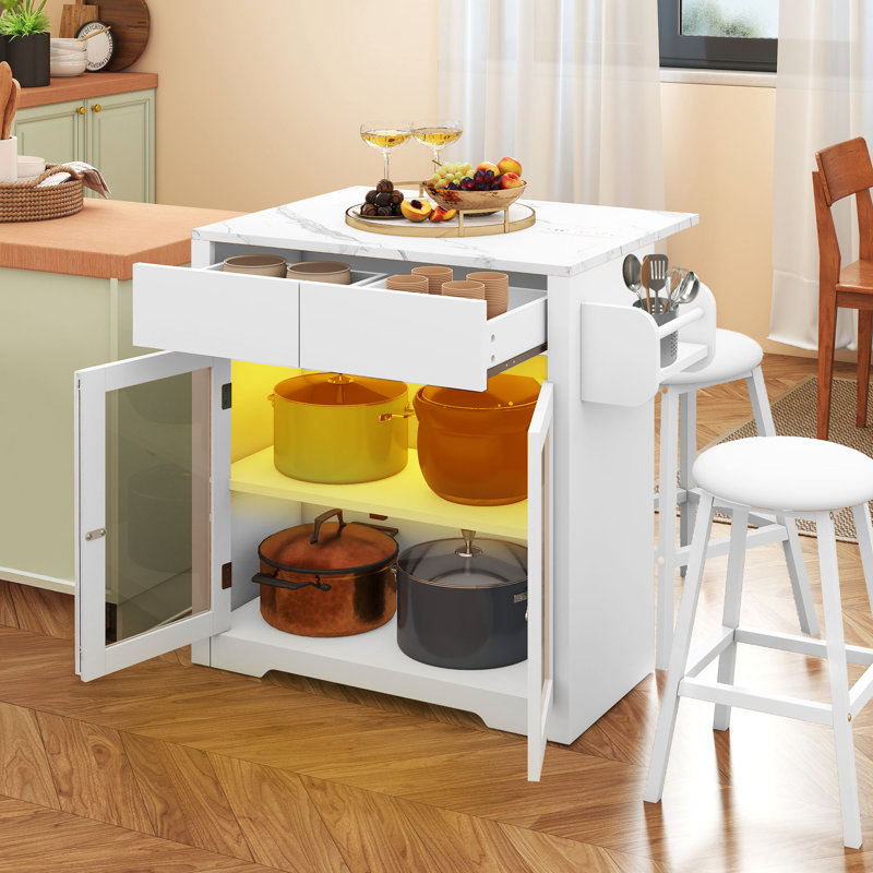 Kitchen Island With Drop Leaf & Power Outlets, Rolling Cart With 2 Stools, Marble Top & LED Lights
