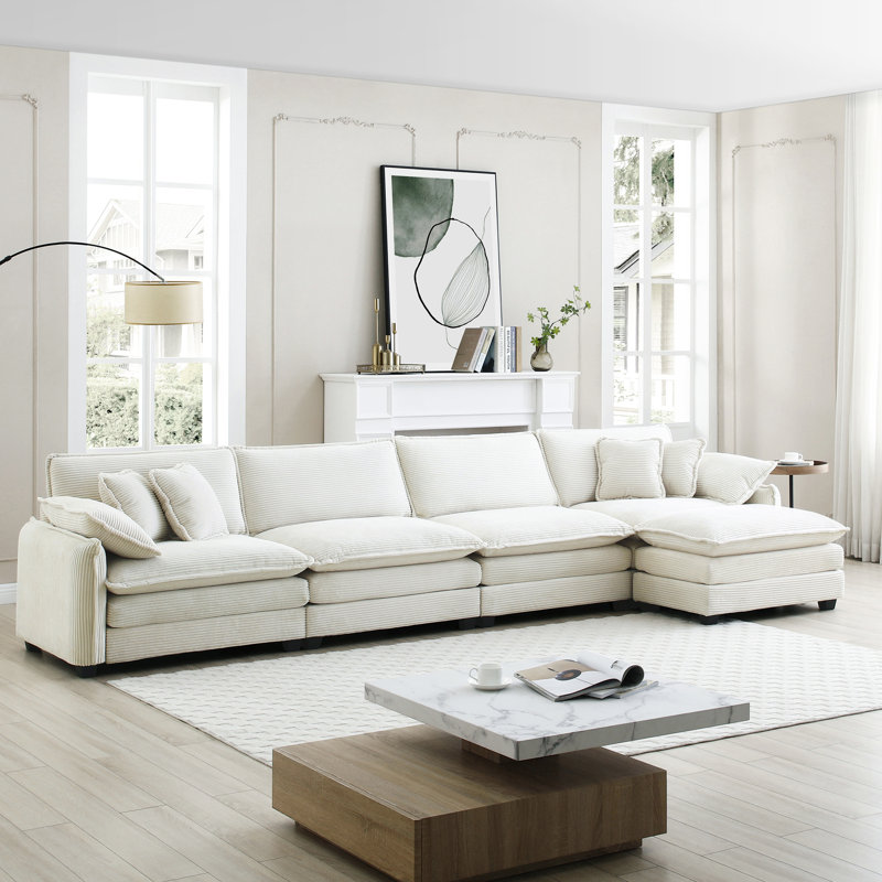Velours côtelé beige: 4 places avec repose-pieds et 6 coussins décoratifs pour le salon