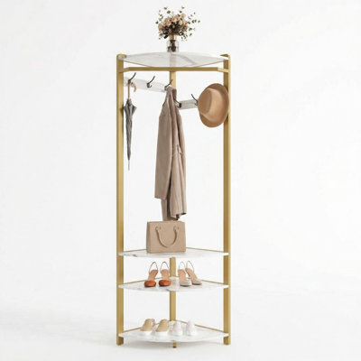 Portemanteau d'angle avec tablette de rangement et de rangement, portemanteau avec 6 crochets doubles, portemanteau peu encombrant pour entrée, chambre à coucher, salon, gris rustique et noir