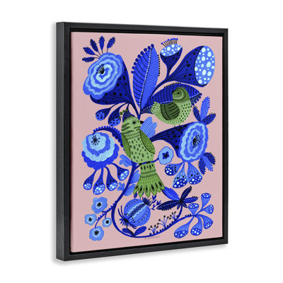 Cadre flottant d'oiseaux de style populaire dans la nature, design par Kay Widdowson