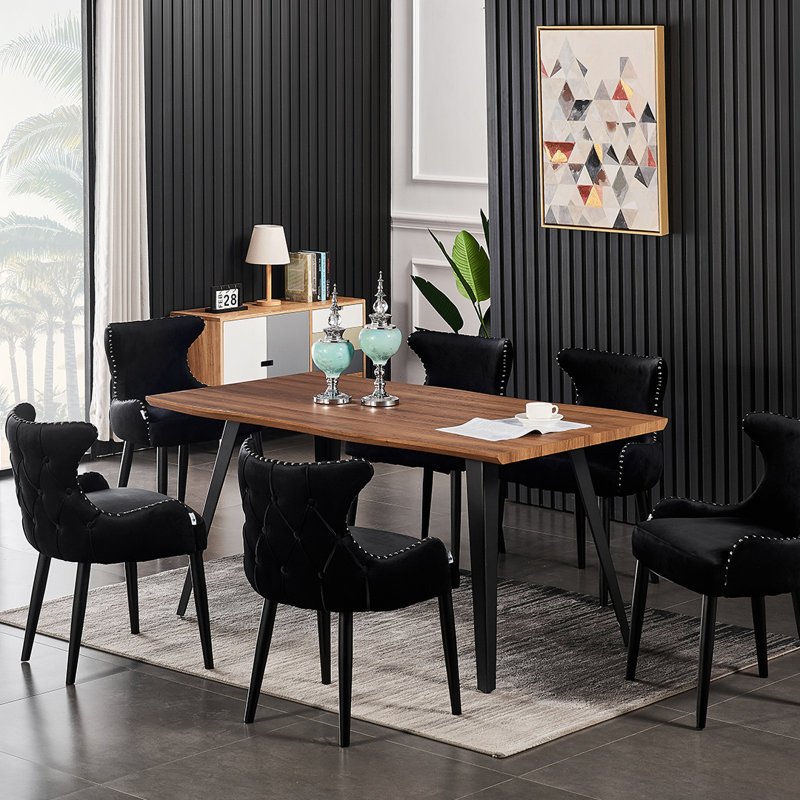 Ricky 6 Person Dining set - a Rectangular Wooden Dining Table with Metal Legs and a Set of 6 Quilted Velvet Dining Chairs for Dining Room - Modern Dining Table Set