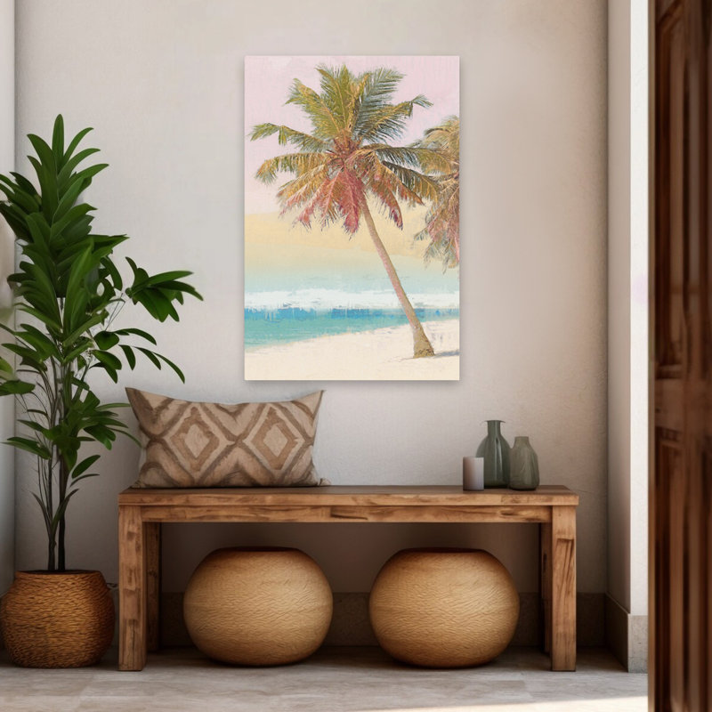 Sandy Serenity I - Bord de mer tropical, palmier, plage, océan, art, H 48 po x l 32 po
