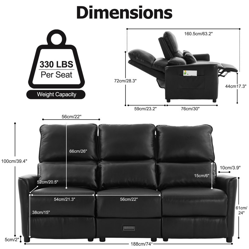 3-Seater Manual Reclining Sofa With Flip Console, Cup Holders, USB & Type-C Charging, Hidden Drawer & Side Pockets, Black