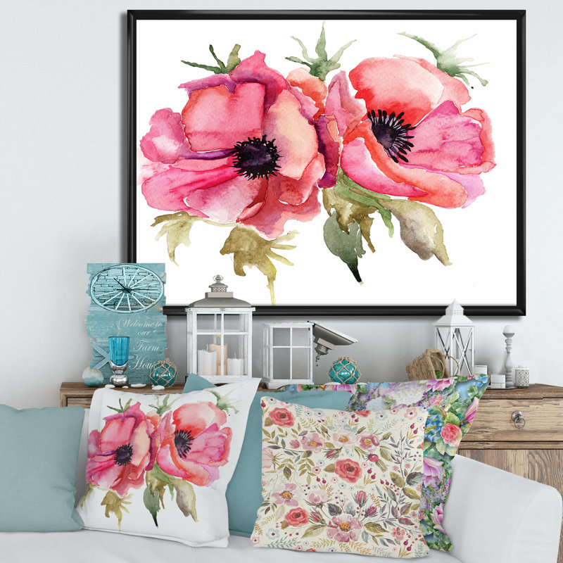 Fleurs de coquelicot stylisées - peinture sur toile, H 30 po x l 40 po x p 1 po, Toile avec cadre noir