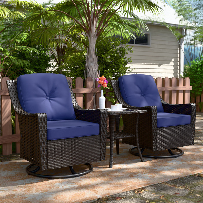 2 - Person Outdoor Swivel Wicker Glider Seating Group with Side Table, Blue