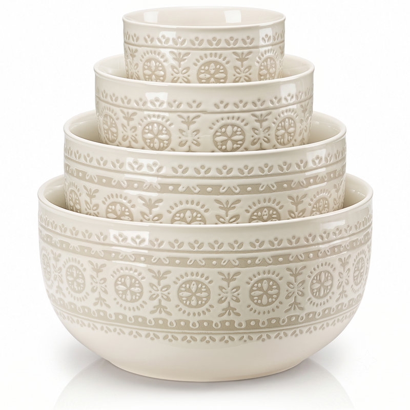 Kook Ceramic Nesting Bowls, Mosaic, Ivory (18/44/100/156 oz)