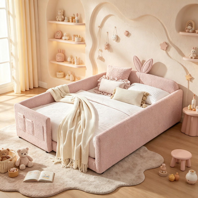Upholstered Kids Bed Frame with Safety Rails and Storage, Boucle Floor Bed with Headboard and Guardrails, Pink, Full, Full