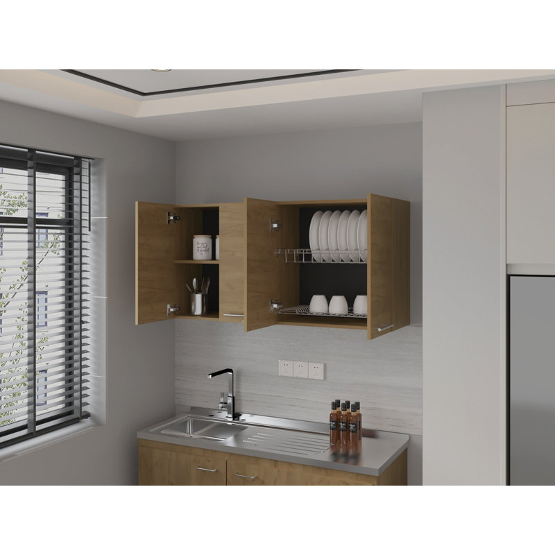 Armoire murale Jewlia avec quatre portes et deux compartiments de rangement intérieurs - Chêne naturel, Chêne naturel
