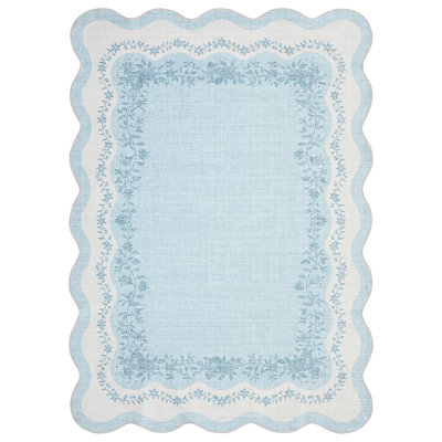 Scalloped Floral Area Rug with Non Slip TPR Backing for Living Room Bedroom