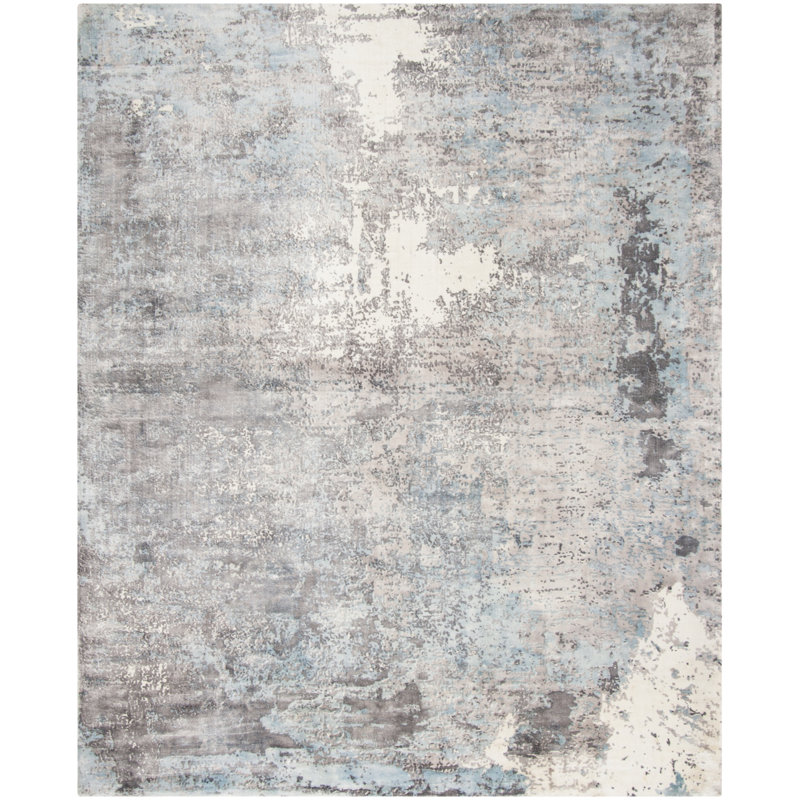 Tapis gris touffeté à la main à motif abstrait Issouf, Rectangle 8 pi x 10 pi