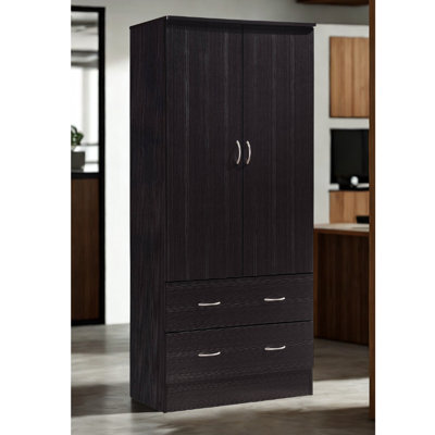 2-Door Wardrobe with Hanging Rod, 2-Drawers, Freestanding Clothing Storage Bedroom Closet