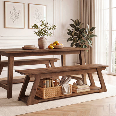59” Solid Wood Dining Bench with Storage Shelf